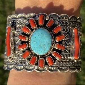 Navajo Native Sterling Silver Red Coral Turquoise Cluster Cuff Bracelet T Jon